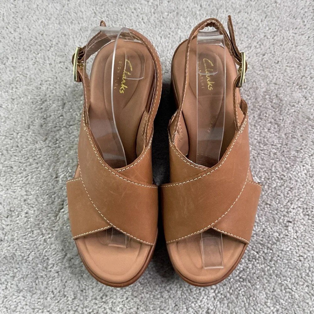 Clarks Manon Wish Sandals Women Size 8 Wide Tan Leather Wedge Slingback Platform